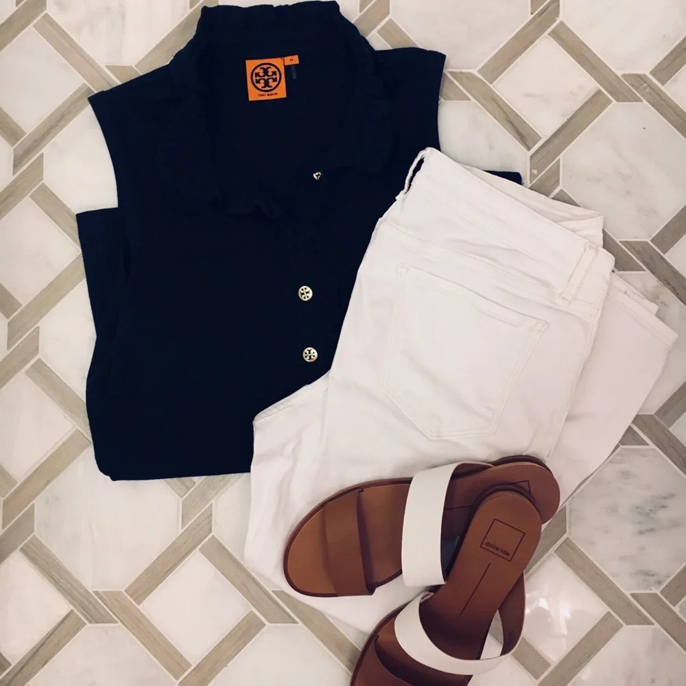 Tory Burch Navy Ruffle Collar Sleeveless Tank